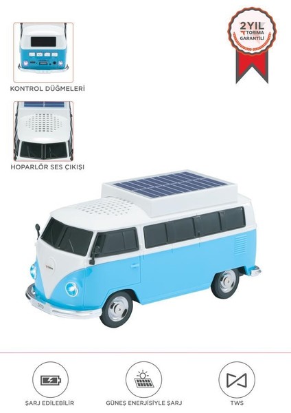 D70 Mavi Vosvos Tasarımlı Solar Şarjlı Bluetooth Hoparlör 5W Güçlü Ses