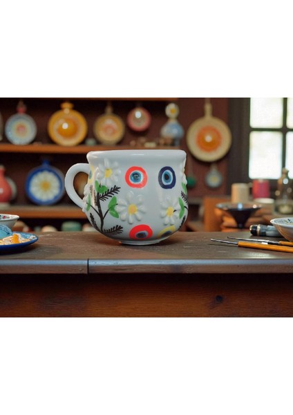 Seramik El Yapımı Papatya ve Nazar Boncuklu Kupa modelleri