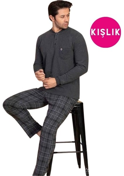 Erkek 3 Düğme Desenli Uzun Kol Göğüs Cepli Selanik Kalın Kumaş Kışlık Cepli Pijama Takımı