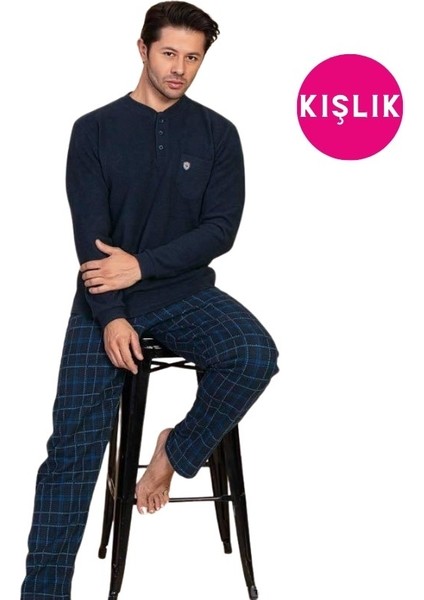 Erkek 3 Düğme Desenli Uzun Kol Göğüs Cepli Selanik Kalın Kumaş Kışlık Cepli Pijama Takımı