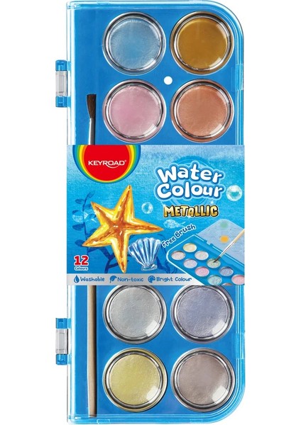Keyroad Metalik Sulu Boya Seti, 12 Renk, Büyük Boy