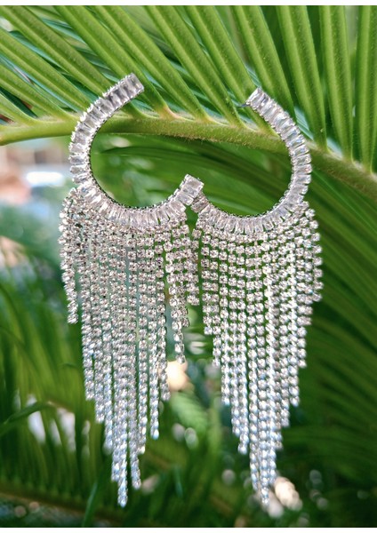 Gümüş Renk Zirkon Taşlı Lüks Abiye Küpe