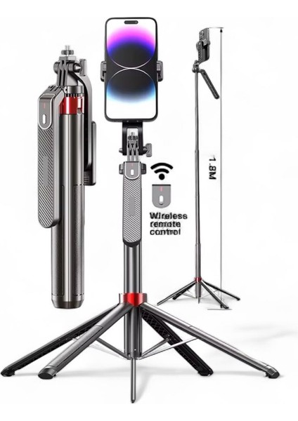 Q185 Akıllı Aı Yüz Takipli Gimbal Selfie Çubuğu - 1.8m Uzatılabilir Tripodlu, Bluetooth Kumandalı, 360° Döner, Şarjlı Telefon Tutucu