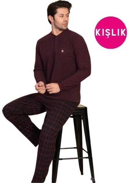 Erkek 3 Düğme Desenli Uzun Kol Göğüs Cepli Selanik Kalın Kumaş Kışlık Cepli Pijama Takımı