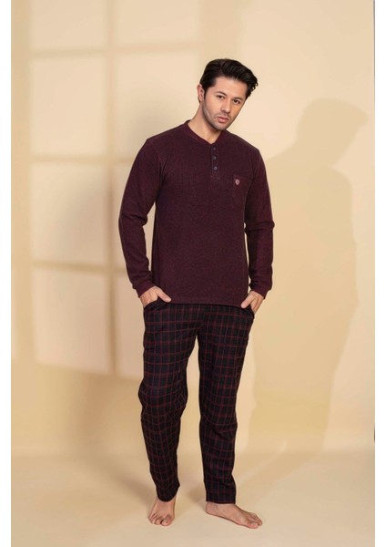 Erkek 3 Düğme Desenli Uzun Kol Göğüs Cepli Selanik Kalın Kumaş Kışlık Cepli Pijama Takımı fiyatları