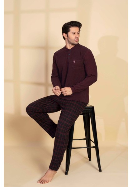 Erkek 3 Düğme Desenli Uzun Kol Göğüs Cepli Selanik Kalın Kumaş Kışlık Cepli Pijama Takımı modelleri