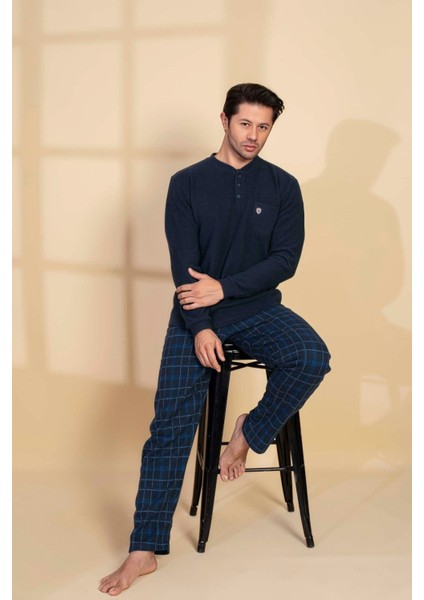 Erkek 3 Düğme Uzun Kol Göğüs Cepli Selanik Kumaş Kışlık Kalın Cepli Pijama Takımı modelleri