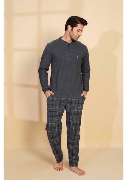 Erkek 3 Düğme Uzun Kol Göğüs Cepli Selanik Kumaş Kışlık Kalın Cepli Pijama Takımı fiyatları