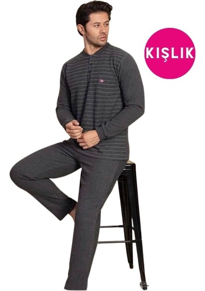 Erkek 3 Düğme Desenli Uzun Kol Göğüs Cepli Selanik Kalın Kumaş Kışlık Cepli Pijama Takımı