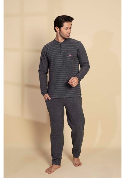 Erkek 3 Düğme Desenli Uzun Kol Göğüs Cepli Selanik Kalın Kumaş Kışlık Cepli Pijama Takımı fiyatları