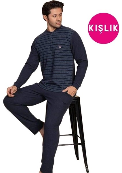 Erkek 3 Düğme Desenli Uzun Kol Göğüs Cepli Selanik Kalın Kumaş Kışlık Cepli Pijama Takımı