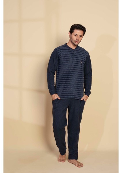 Erkek 3 Düğme Desenli Uzun Kol Göğüs Cepli Selanik Kalın Kumaş Kışlık Cepli Pijama Takımı fiyatları
