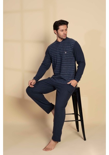 Erkek 3 Düğme Desenli Uzun Kol Göğüs Cepli Selanik Kalın Kumaş Kışlık Cepli Pijama Takımı modelleri