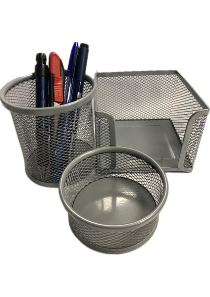 Masa Seti Ataşlık-Kağıtlık-Kalemlik 3 Lü Metal Perforeli Gri BFX-MMS9801G