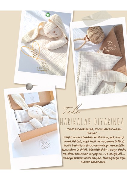 %100 Organik Müslin Tuli Oyuncaklı Bebek Battaniyesi, Omuz Örtüsü, Ağız Bezi ve Önlük Seti – 80X80 cm
