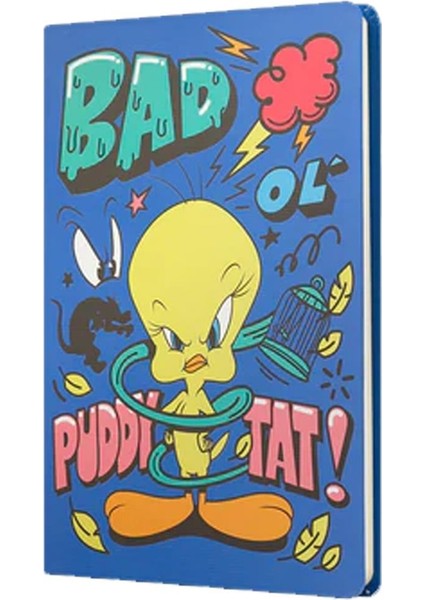 Sert Kapak Butik Defter Tweety Bad Puddy Tat Mavi 80 Yp 15X21 DFT-388128