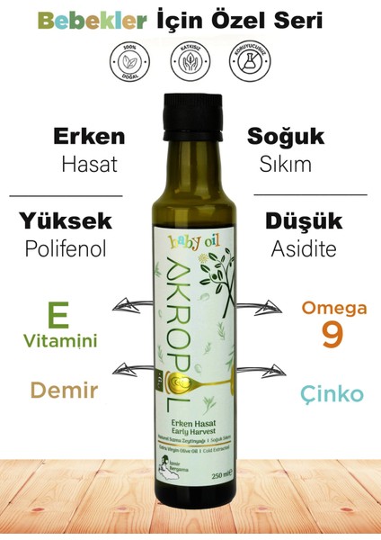 Baby Oil %100 Organik, Bebek Zeytinyağı , Polifenollü Erken Hasat Soğuk Sıkım Zeytinyağı 250ml
