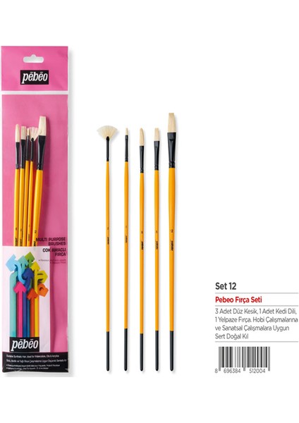 Fırça Seti Beyaz Brıstel Kıl Uzun Sap No:2-6-8-12+Yelpaze Fırça No:2 5 Li Set-12