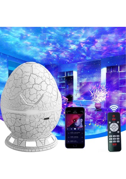 Çatlak Dinozor Yumurtası Tasarımlı Projektörlü Gece Lambası Bluetooth Özellikli