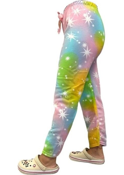 Kadın Desenli Yumuşak Polar Cepli Kışlık Pijama Eşofman Tek Alt