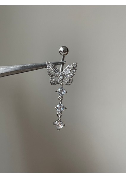 316 L Cerrahi Çelik Kelebek Göbek Piercingi Zirkon Taşlı Sallantılı Göbek Piercingi
