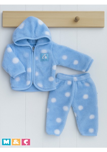 Beyaz Puantiyeli Yumuşacık Welsoft Peluş Fermuarlı Kapşonlu Ceket ve Pantolon Kız Erkek Bebektakım fiyatları