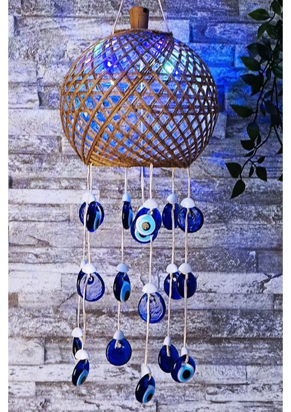 Işıklı Hasır Mavi Nazar Boncuklu Rüzgar Çanı - El Yapımı Bahçe ve Balkon Dekorasyonu fiyatları