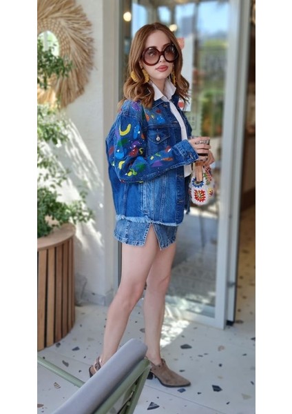 Özel Tasarım El Boyaması Desenli Oversıze Denim Kot Ceket – Kadın fiyatları