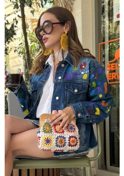 Özel Tasarım El Boyaması Desenli Oversıze Denim Kot Ceket – Kadın