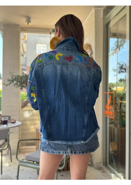 Özel Tasarım El Boyaması Desenli Oversıze Denim Kot Ceket – Kadın indirimleri