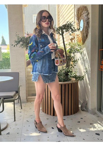 Özel Tasarım El Boyaması Desenli Oversıze Denim Kot Ceket – Kadın modelleri