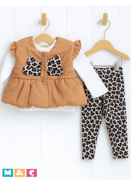 Kız Bebek Şışme Yelekli 3lu Takım Leoparlı Velur Tayt Bluz Baby Girl Outfit Set