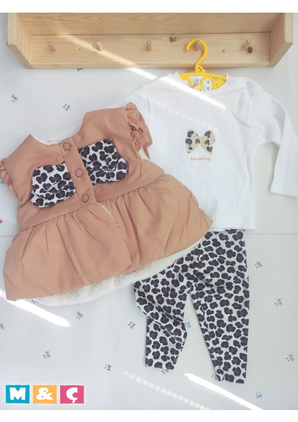 Kız Bebek Şışme Yelekli 3lu Takım Leoparlı Velur Tayt Bluz Baby Girl Outfit Set fiyatları