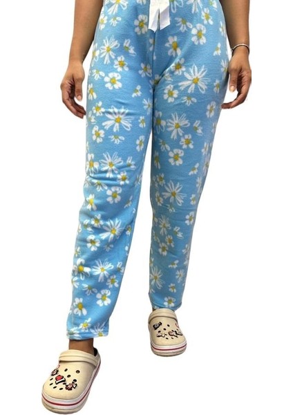 Kadın Desenli Yumuşak Polar Cepli Kışlık Pijama Eşofman Tek Alt fırsatları