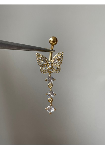 316 L Cerrahi Çelik Kelebek Göbek Piercingi Zirkon Taşlı Sallantılı Göbek Piercingi