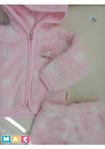 Beyaz Puantiyeli Yumuşacık Welsoft Peluş Fermuarlı Kapşonlu Ceket ve Pantolon Kız Erkek Bebektakım modelleri