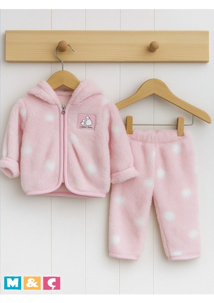 Beyaz Puantiyeli Yumuşacık Welsoft Peluş Fermuarlı Kapşonlu Ceket ve Pantolon Kız Erkek Bebektakım fiyatları