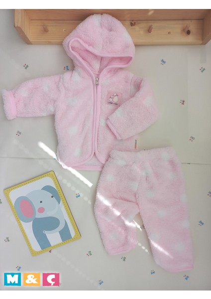 Beyaz Puantiyeli Yumuşacık Welsoft Peluş Fermuarlı Kapşonlu Ceket ve Pantolon Kız Erkek Bebektakım fırsatları