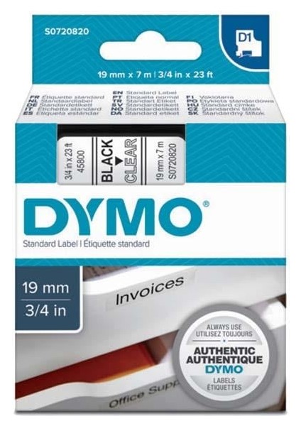 D1 Şerit Standart 19 Mmx7 mt Şeffaf Üzerine Siyah 45800