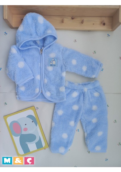 Beyaz Puantiyeli Yumuşacık Welsoft Peluş Fermuarlı Kapşonlu Ceket ve Pantolon Kız Erkek Bebektakım modelleri