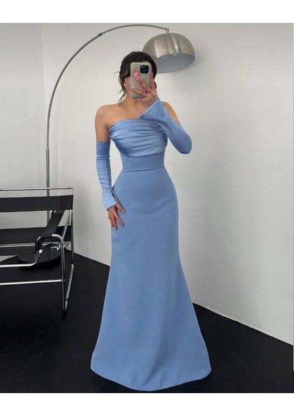 Kadın Yakası Saten Drape Detaylı Saten Düğmeli Kollu Balık Kesim Düğün Davet Mezuniyet Elbisesi fiyatları