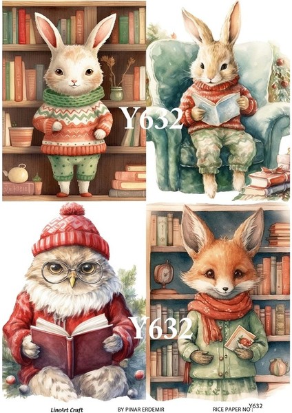 Y632 Kış, Hayvanlar, Baykuş, Tavşan Desenli Pirinç Dekopaj 30X42