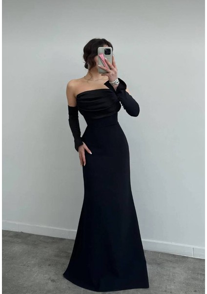 Kadın Yakası Saten Drape Detaylı Saten Düğmeli Kollu Balık Kesim Düğün Davet Mezuniyet Elbisesi