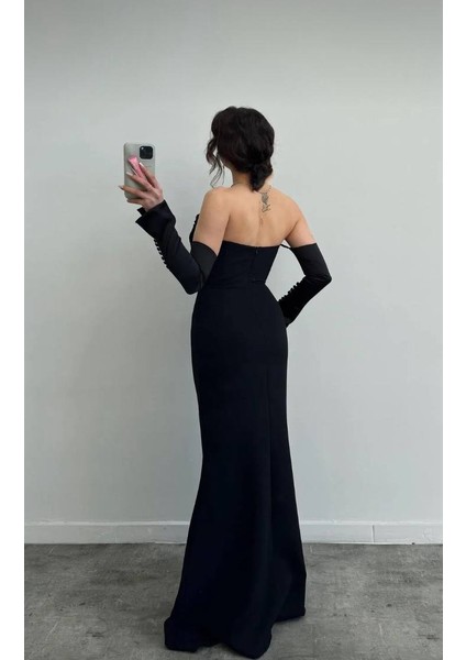 Kadın Yakası Saten Drape Detaylı Saten Düğmeli Kollu Balık Kesim Düğün Davet Mezuniyet Elbisesi modelleri