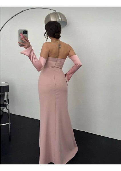 Kadın Yakası Saten Drape Detaylı Saten Düğmeli Kollu Balık Kesim Düğün Davet Mezuniyet Elbisesi modelleri