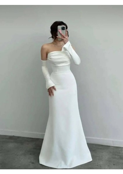 Kadın Yakası Saten Drape Detaylı Saten Düğmeli Kollu Balık Kesim Düğün Davet Mezuniyet Elbisesi
