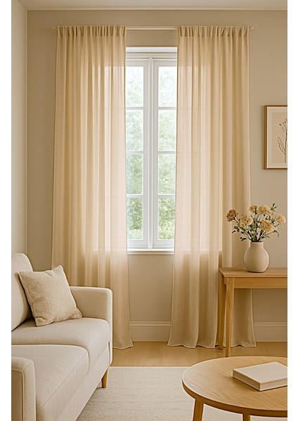 Düz Pilesiz Keten Bej Tül Perde