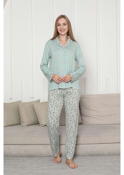 Önden Düğmeli Kadın Pijama Takımı - Su Yeşili Çiçek Desenli Uzun Kol Likralı Rink Viskon