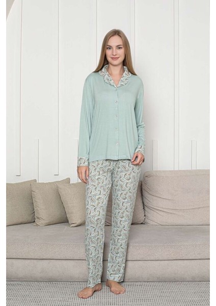 Önden Düğmeli Kadın Pijama Takımı - Su Yeşili Çiçek Desenli Uzun Kol Likralı Rink Viskon fırsatları
