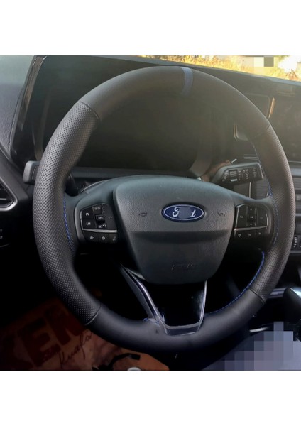 Dikişli Direksiyon Kılıfı Siyah Deri Noktalı Deri Mavi Yüzük / Dikiş F.or.t Focus 4 Transit Için